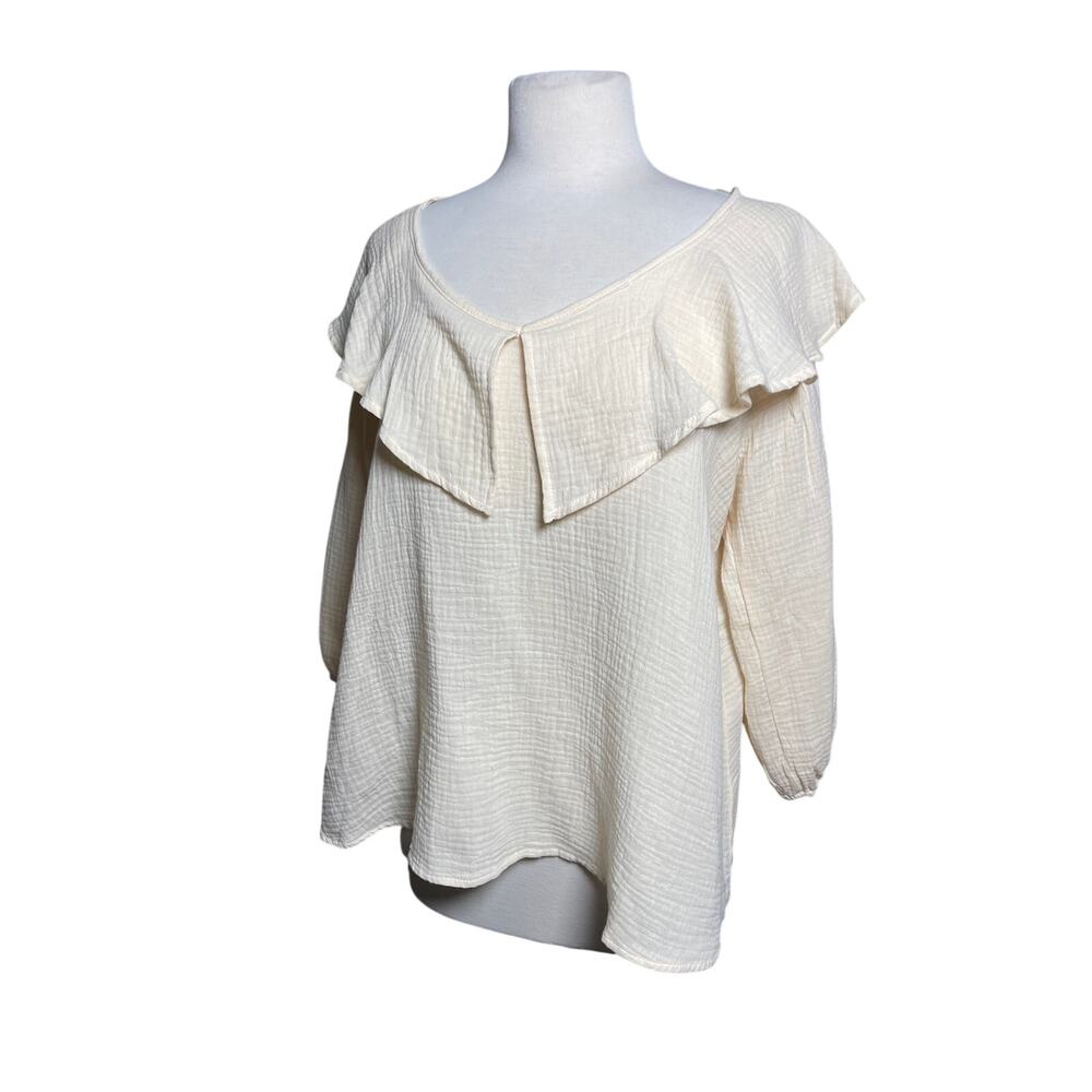 NWT UMGEE Boho Cream Gauze Ruffle Collar 3/4 Sleeve Peasant Top - Picture 4 of 5